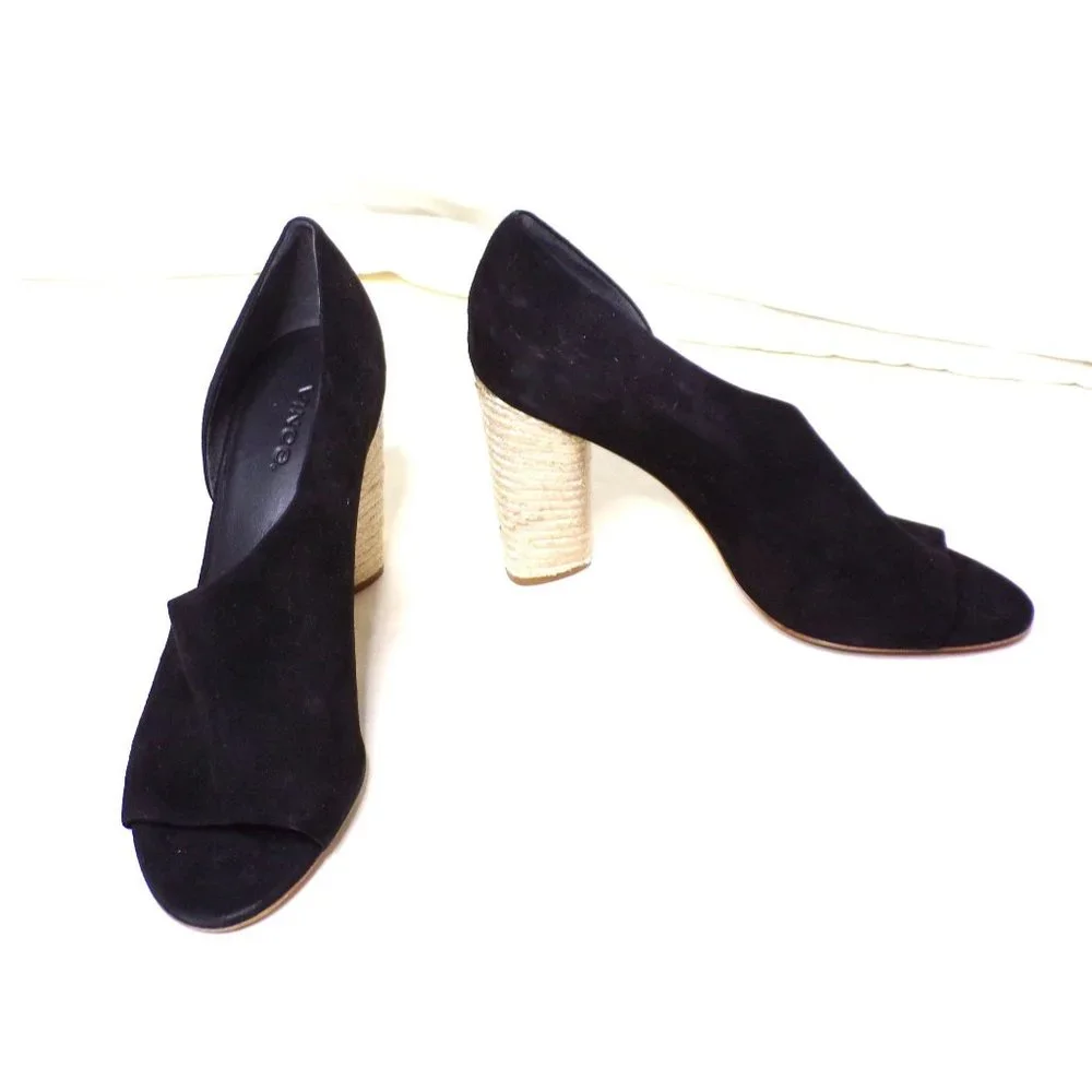🆕 VINCE Persey Suede Jute Block Heel Pumps Sandal Shoes Black 9 - Picture 7 of 13
